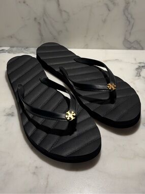 Tory Burch Kira Flip Flops Black Padded Size 9